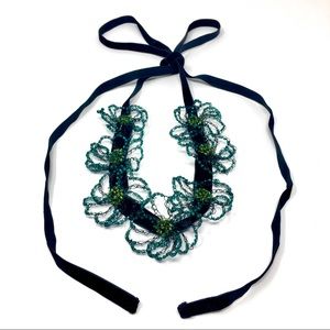 Lisa Toland Teal and Lime Green Beaded Flower Velvet Ribbon Choker Belt